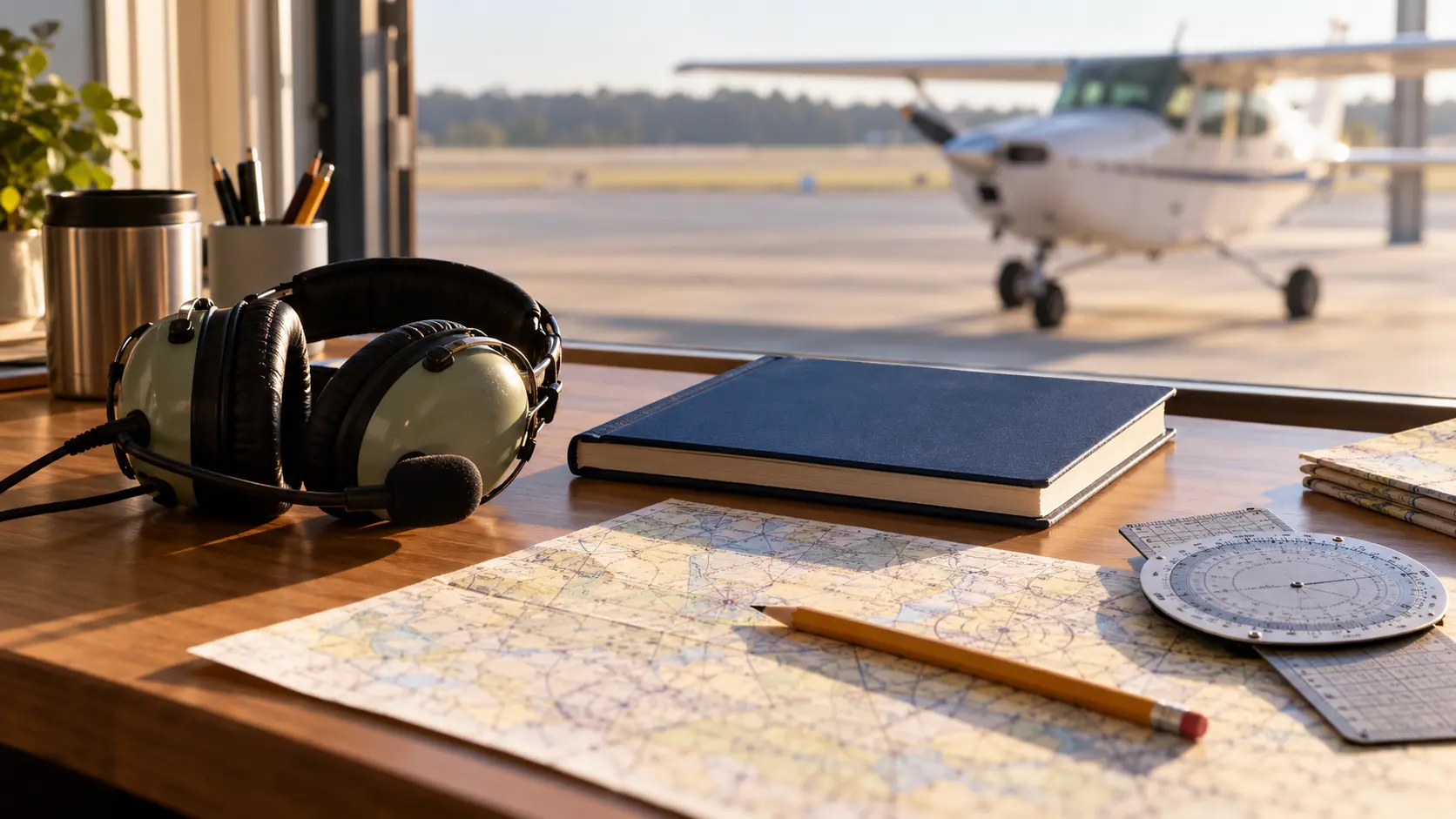 Illustrative pilot study desk with a headset and logbook